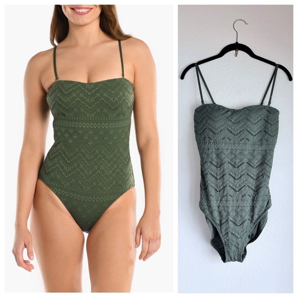 NWT La Blanca Salt Bandeau One-Piece Swimsuit w Removable Straps in Olive Sz 10